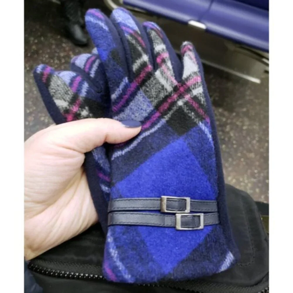 Blue Plaid Gloves Pink Gray Trim Faux leather Touch Screen Friendly Scotland